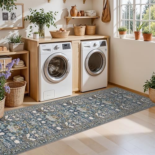 Washable 2x8 Hallway Runner Rug: Vintage Water-Resistant Kitchen Entryway Rug Ultra Soft Living Room Bedroom Carpet Non Slip Indoor Low Pile Floor Mat for Bathroom Dining Room(2x8,Floral/Blue) - Image 4