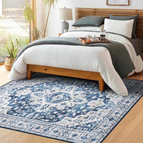 Moynesa Ultra-Thin Vintage 8x10 Area Rugs - Blue Bedroom Rugs for Living Room Non-Slip Stain Resistant, Printed Oriental Playroom Mat Indoor Floor Carpet for Dining Table Office Decor - Image 3