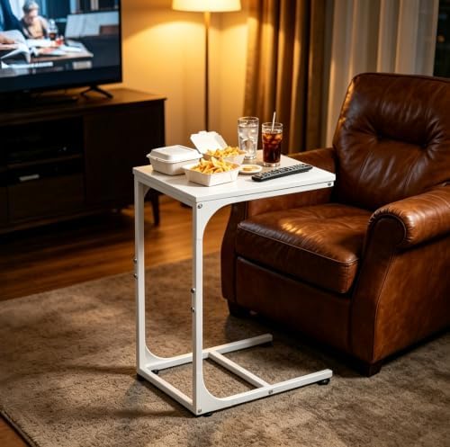WLIVE C Shaped End Table TV Tray Slide Under Couch Side Table White - Image 5
