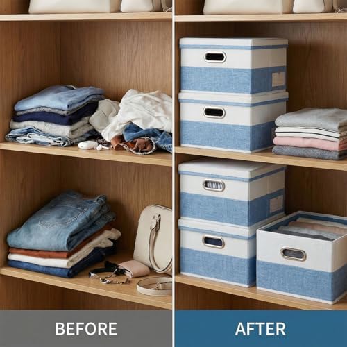PRANDOM Storage Bins with Lids [3-Pack] Linen Fabric Foldable Storage Boxes Organizer Containers Baskets Cube with Cover for Bedroom Closet Office Blue&White（11.4X8.6X6.7 - Image 6