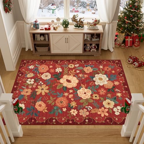 DUKINO 3x5 Area Rug, Floral Washable Rug for Bedroom Non Slip, Red - Image 6