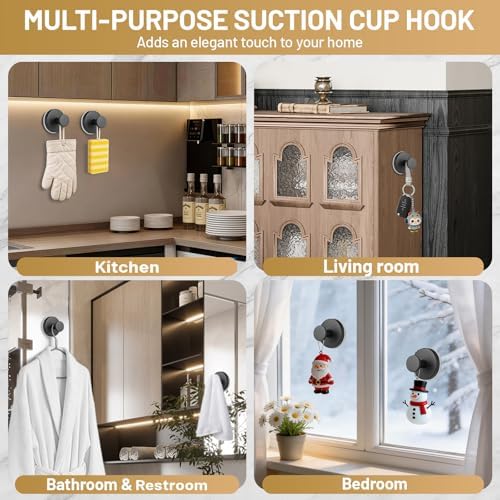 Large Suction Cup Hooks, Heavy Duty 15lb Holds Towel & Robe, No-Drill Shower Bathroom Hooks for Tile Wall Glass Mirror, Mounts on Smooth Non-Porous Surfaces (2 Pack, Matte Black) - Image 4