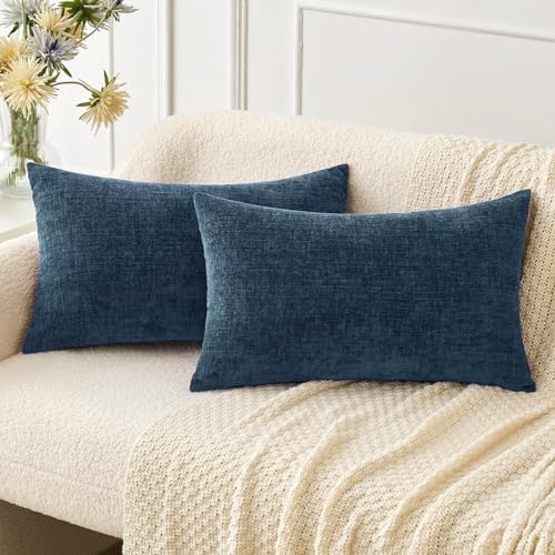 MIULEE Soft Chenille Lumbar Throw Pillow Covers Blue 12x20 Inch Pack of 2 by MIULEE
