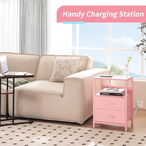 Yoobure Nightstand with Charging Station, Small Night Stand with Fabric Drawers and Storage Shelf for Bedrooms, Nightstands for Small Spaces, Bedside Table with USB Ports & Outlets Bed Side Table - Image 4