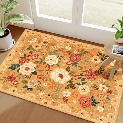 DUKINO 2x3 Entryway Rug, Floral Door Mat Soft Washable Rug Non Slip, Orange by DUKINO