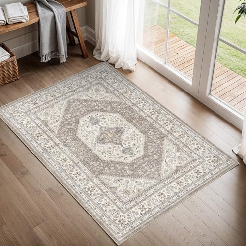 2x3 Area Rug Washable Vintage: Non Slip Door Mat for Entryway Brown/Beige - Image 2