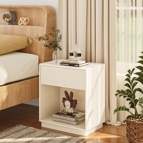 Fluted Nightstands Set of 2, Modern Bedside Table with Storage Drawer and Open Wood Shelf, Wood End Table Mid Century Night Stands for Bedroom Living Room Sofa Couch Office White - Image 3