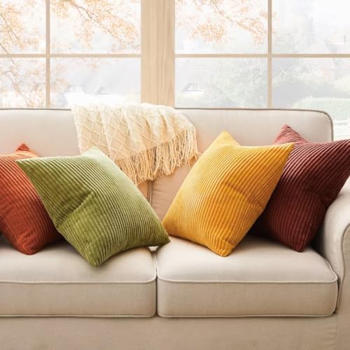 Topfinel Fall 20x20 Set of 4 Couch Decorative Pillow Covers,Modern Burnt Orange Yellow Green Gradient Corduroy Throws Pillow Case,Rustic Western Cushion Covers for Bed Sofa Living Room Home Decor - Image 3