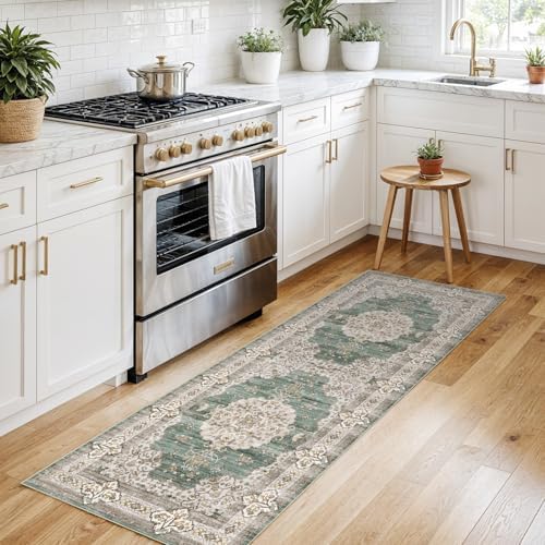 2x6 Runner Rug Washable Vintage: Non Slip Long Kitchen Runners Green/Beige - Image 2
