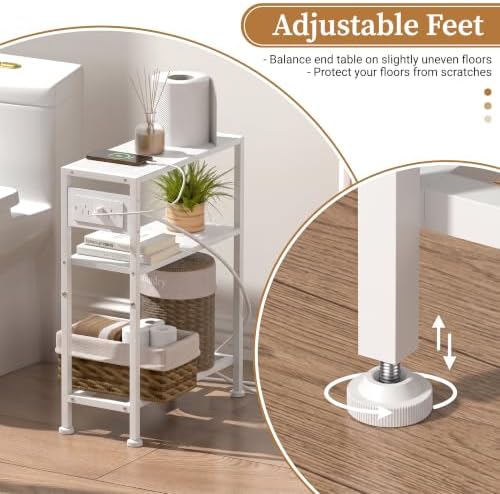 Small Narrow Side Table with Charging Station, Skinny End Table for Small Spaces, Slim Nightstand with Outlets, Sofa Bedside Table in Living Room, Bedroom, Study, Kitchen and Balcony, White - Image 5