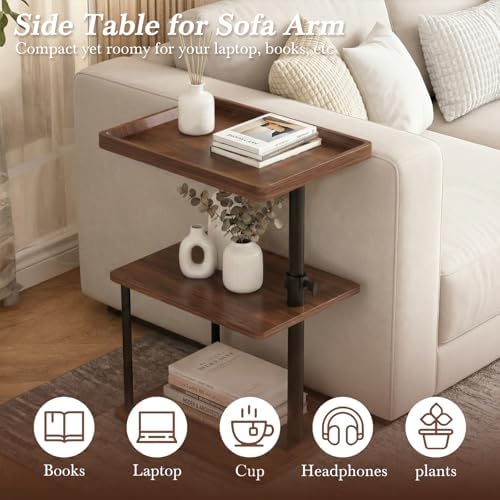Faesun C Table End Table Adjustable Height, 360°Swivel TV Tray Table for Small Spaces, Small Nightstand for Living Room, Bedroom, Walunt - Image 4