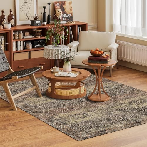 Washable Area Rug 3' x 5 ' Vintage Traditional Persian Mat - Foldable Distressed Non-Slip Machine Washable Carpet for Living Room Bedroom Kitchen Home Decor - Umber and Slate - Image 2