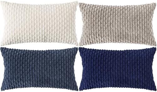 Set of 4 Navy White Taupe Decorative Throw Pillow Covers 12x20 Inch Corduroy Pillow Covers for Bed Couch Sofa Living Room Soft Cushion Cases by Cozoomy