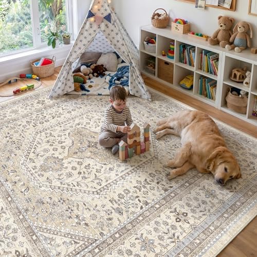 Puino 11x11 Square Washable Area Rug - Non-Slip Living Room Rugs Beige Gray - Image 3