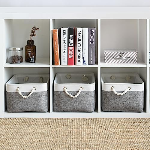 TheWarmHome Storage Basket for Organizing - 15.7x11.8x8.2 inch Large 3 Pack Collapsible Storage Bins for Shelves, Fabric Storage Cubes for Gift Closet Linen Organization (White & Grey) - Image 4
