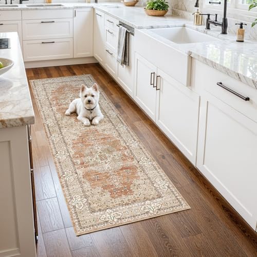 2x5 Washable Hallway Runner Rug - Non-Slip Throw Rugs Terracotta Beige - Image 2