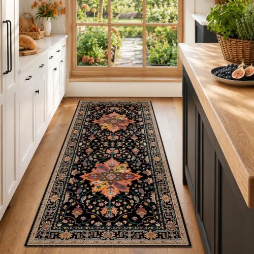 RELEANY Washable Area Rug, Runner 2'x6', Black/Colorful by RELEANY