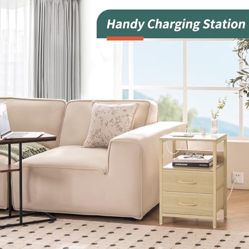 Yoobure Nightstand with Charging Station, Small Night Stand with Fabric Drawers and Storage Shelf for Bedrooms, Nightstands for Small Spaces, Bedside Table with USB Ports & Outlets, Bed Side Table - Image 4