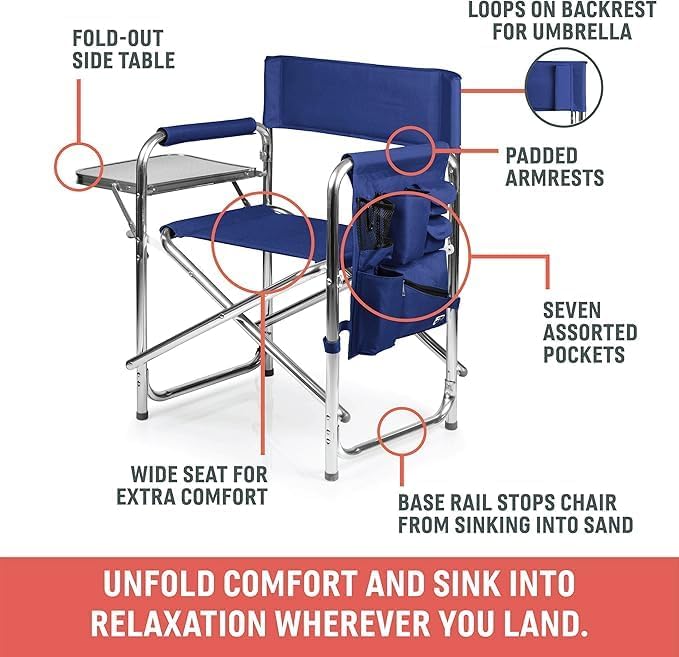 Picnic TIME Sports Chair with Side Table and Armrest Caddy, Lightweight Aluminum Folding Outdoor Camping Chair for Adults, Portable Director Style Lawn Seating with Pockets & Carry Strap, (Gray) - Image 6