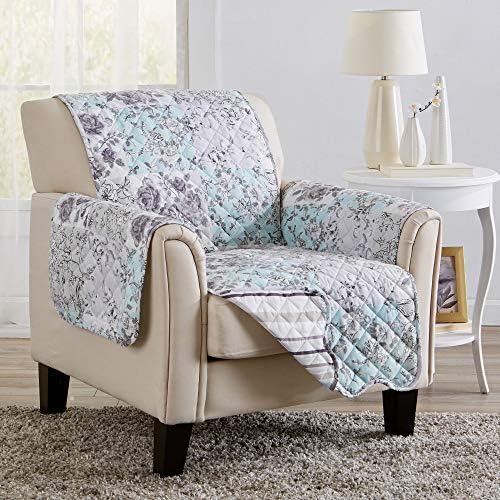 Great Bay Home Reversible Floral Patchwork Chair Furniture Protector - Machine Washable, Scalloped Edge, Stain Resistant, Printed Furniture Cover for Dogs, Kids, and Pets (Gray/Aqua). by GreatBayHome
