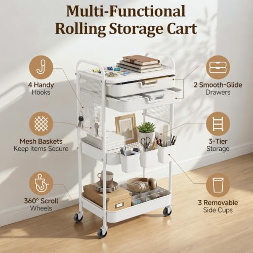 3 Tier Rolling Cart with 2 Drawers, Metal Utility Storage Carts with Wheels - Image 2