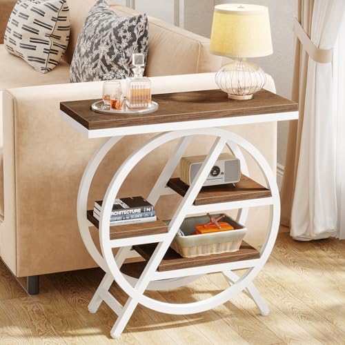 Tribesigns End Table for Living Room, 3-Tier Narrow Side Table with Storage, Wood Sofa Side Table with Geometric Metal Frame, Industrial Nightstand and Bedside Table for Bedroom (Light Brown+White) - Image 3