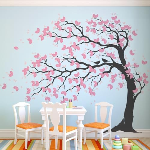 AM AMAONM 74.8x59 Inch Large Watercolor Tree Wall Decals - Peel & Stick Wall Stickers, DIY Removable Wall Art for Kids Living Room, Bedroom, Nursery Decor (Black Trunk Pink Leaves) - Image 5