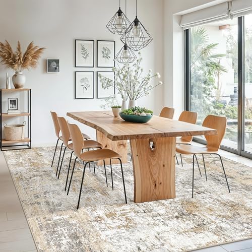 10x10 ft Square Living Room Rug – Washable Modern Abstract Area Rug for Bedroom, Dining Room, Playroom – Neutral Non-Slip Low-Pile Thin Indoor Carpet (Gold Grey) - Image 3