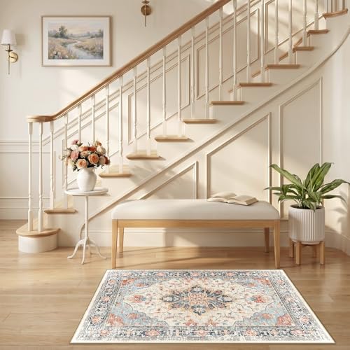 RELEANY Washable Area Rug, Small 2'6"x4', Beige/Blue/Orange - Image 2