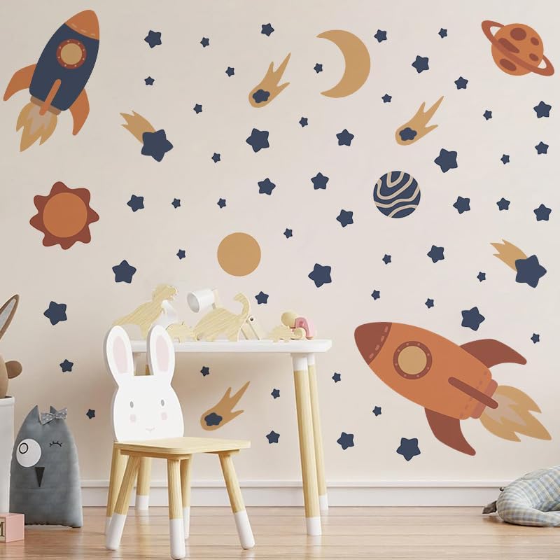 Outer Space Wall Decals, Peel and Stick Rockets Stars Planet Wall Stickers, Space Themed Wall Decor for Baby Nursery Kids Bedroom Boys Playroom Decoration - Image 4