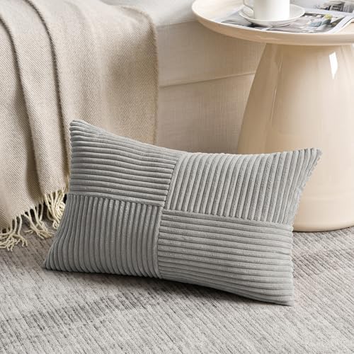 Fancy Homi 2 Packs Grey Lumbar Decorative Throw Pillow Covers 12x20 Inch for Living Room Couch Bed Sofa, Rustic Farmhouse Boho Home Decor, Soft Striped Corduroy Rectangle Accent Cushion Case 30x50 cm - Image 2