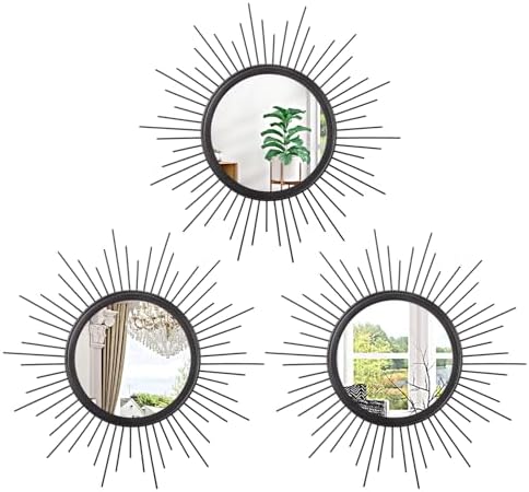 3 Pack Black Metal Wall Mirrors Sunburst Wall Mirrors Home Décor Art Decorative Modern Bohemian Hanging Wall Art for Bedroom Bathroom Living Room Entryway Small 12'' by HLFMVWE