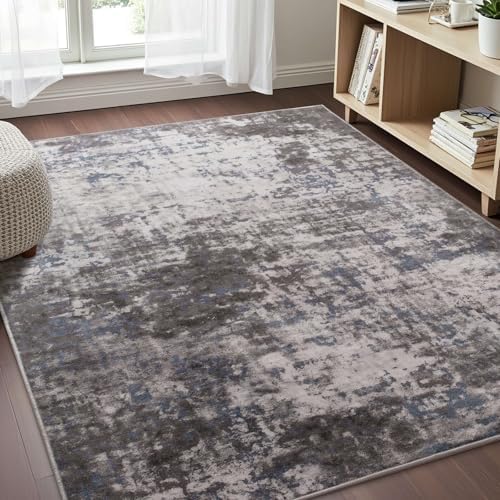 4x6 Rug, Soft Washable Rug for Living Room, Non Slip Abstract Modern Rugs for Bedroom, Low Pile Stain Resistant Foldable Carpet for Dining Room Bedside Entryway Nursery Decor, Dark Grey Blue - Image 2