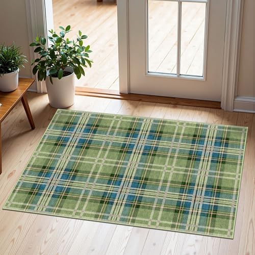 Front Door Mat Outside Entrance, 2x3 Green Teal Tartan Plaid Rug by Othilic