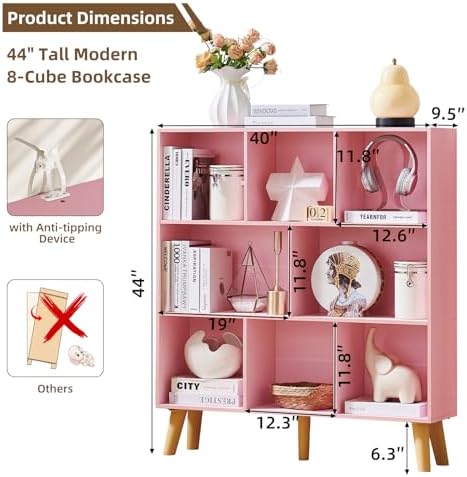 LEYAOYAO 8 Cube Bookshelf,Mid-Century Modern Bookcase with Legs,Light Pink - Image 2