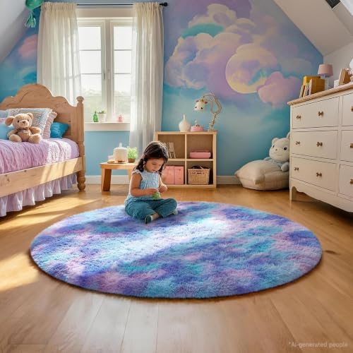 Ophanie Round Rug 4Ft Tie-Dye Rainbow Purple Circle Area Rug, Fluffy Fuzzy Bedroom Carpet,Plush Soft Shaggy Indoor Floor Colorful Living Room Rugs for Kids Home Decor Aesthetic with 99 pcs Pile fibers - Image 3