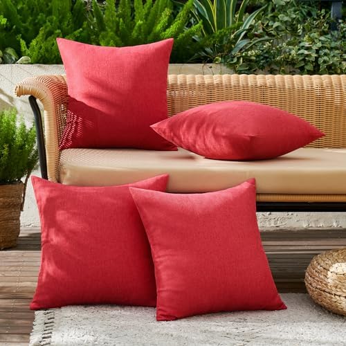 MIULEE Pack of 4 Decorative Outdoor Throw Pillow Covers Linen Waterproof Pillow Covers Summer Farmhouse Cushion Cases for Patio Garden Tent Balcony Couch Sofa 18x18 Inch Red - Image 2