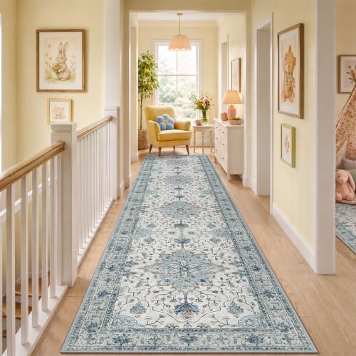 RELEANY Washable Area Rug, Runner 3'x12', Blue/White/Gray by RELEANY