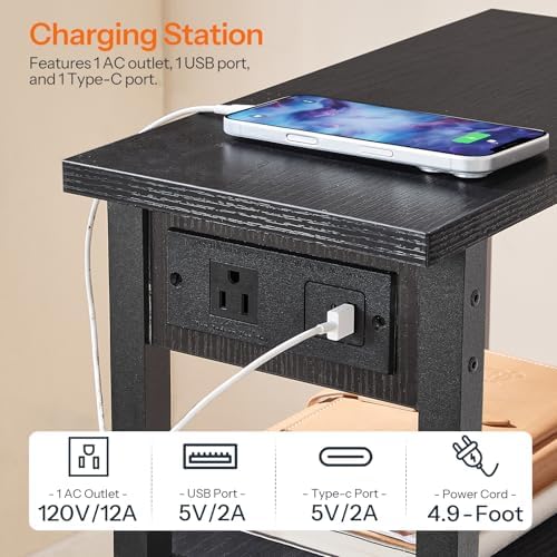 HOOBRO Narrow Side Table, 3-Tier Slim End Table with Charging Station, Skinny Nightstand with Open Storage, for Small Spaces, Living Room, Bedroom, Study, Rustic Brown and Black BB340UBZ01 - Image 7