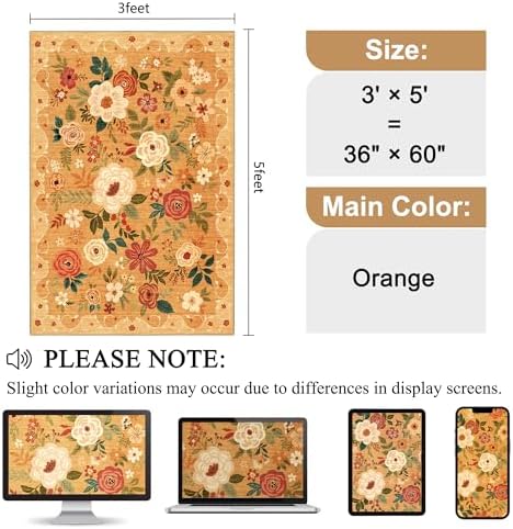 DUKINO 3x5 Area Rug, Floral Washable Rug for Bedroom Non Slip, Orange - Image 2