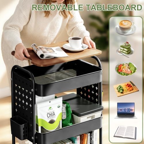 3 Tier Rolling Cart with DIY Pegboard, Metal Utility Cart with Table top - Image 4