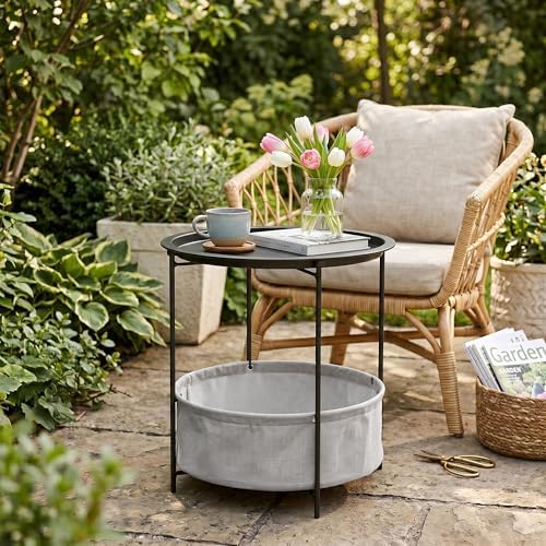 VECELO Round Side/End Table with Fabric Storage Basket，Metal Anti-Rust and Waterproof Small Bedside Nightstand with Removable Tray Top for Living Room，Balcony & Laundry，Black /1pcs with Basket - Image 2