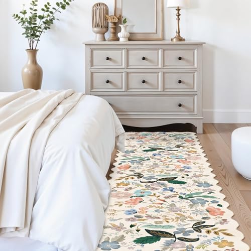 Washable Hallway 2'6x12 Runner Rug: Floral Scalloped Rug for Kitchen Entryway Farmhouse Soft Carpet for Bathroom Bedroom Thin Laudry Living Room Floor Mat with Non Slip Backing(2'6''x12',Cream) - Image 4