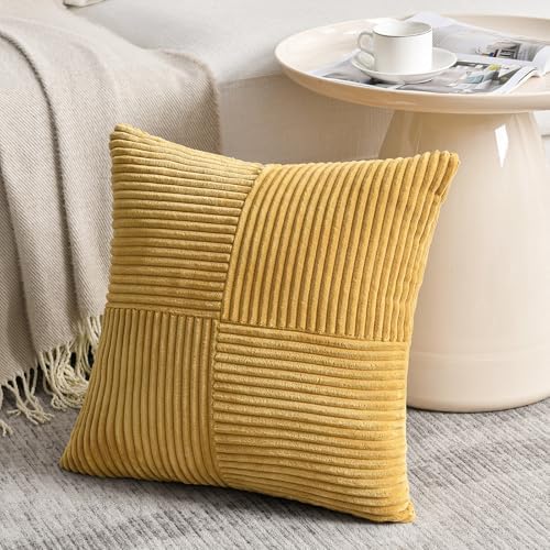 Fancy Homi 2 Packs Mustard Yellow Samll Decorative Throw Pillow Covers 14x14 Inch with for Couch Bed Sofa, Rustic Farmhouse Boho Home Decor, Soft Corss Patchwork Corduroy Square Cushion Case 35x35 cm - Image 2