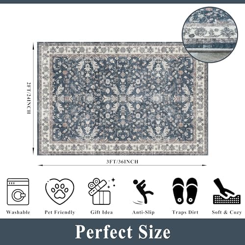 2x3 Non-Slip Washable Kitchen Rug - Boho Soft Small Area Rug for Sink, Entryway, Pet Area & Bathroom - Low Pile Thin Indoor Door Mat (Blue,2x3) - Image 2