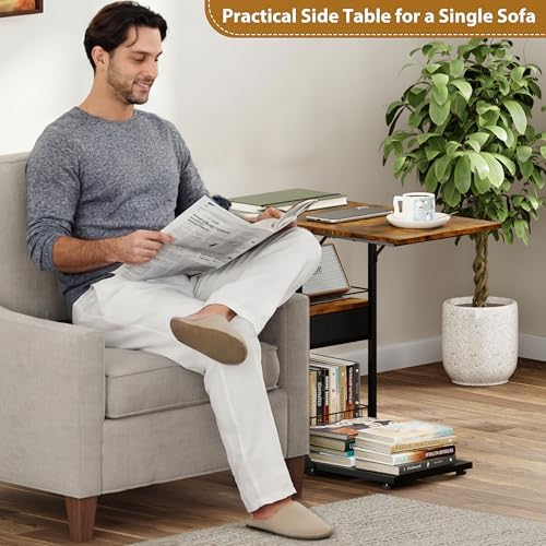 Rolling Coffee Table with Oversized Double-Wide Wood Top, Mobile Tv Tray with Storage Drawer and Wheels for Sofa, Portable Side Table for Living Room, Home Office, Spacious Desk for Working Studying - Image 2