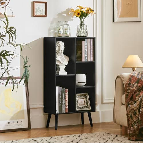 LEYAOYAO 5 Cube Bookshelf, Mid-Century Modern Book Shelf with Legs, Black - Image 5