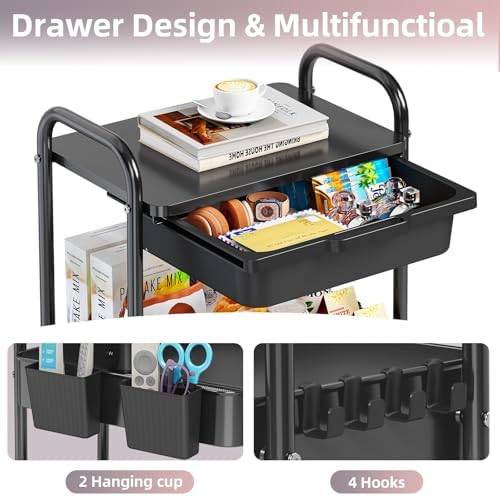 KINGRACK 3 Tier Metal Rolling Cart with Drawer, Black Utility Storage Cart | 2 Cups & 4 Hooks, Lockable Wheels, Trolley Organizer for Bathroom, Kitchen, Office, Nursery, Dorm, Laundry, Craft Room - Image 5