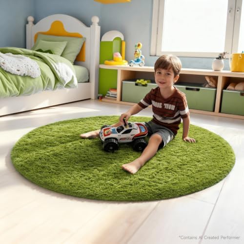 Ophanie Round Rug 4Ft Green Circle Area Rug, Green Room Decor, Fluffy Fuzzy Bedroom Carpet, Plush Soft Shaggy Living Room Rugs for Kids Home Decor Aesthetic, Nursery with 99 pcs Pile fibers - Image 3