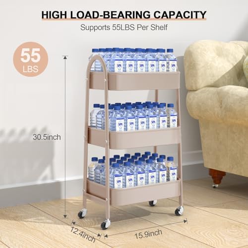 EAGMAK 3 Tier Utility Rolling Cart, Metal Storage Cart with Handle and Lockable Wheels, Multifunctional Storage Organizer Trolley with Mesh Baskets for Kitchen, Living Room, Office, Garage (Beige) - Image 6